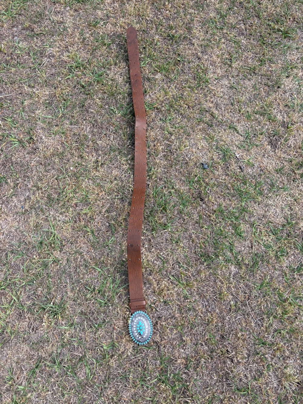 Brown Leather Belt with Turquoise Oval Concho